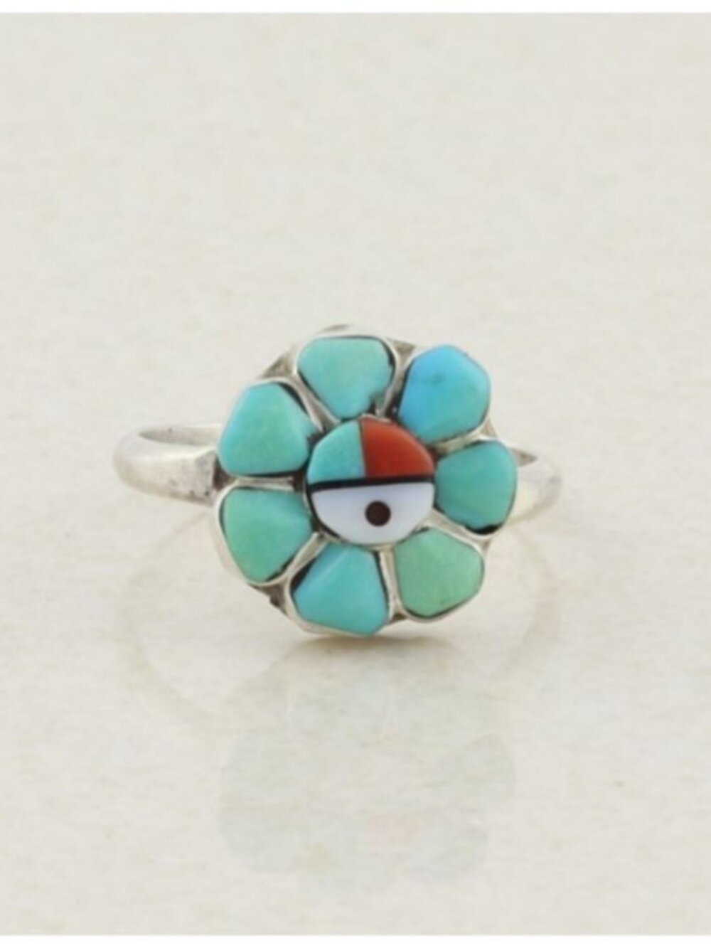Sterling Silver Turquoise Coral Sun Face Flower Ring Size 4